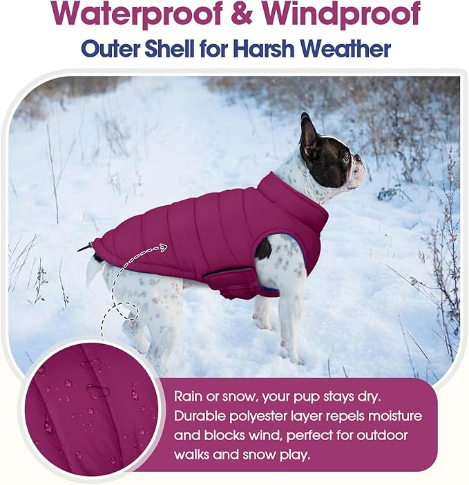 QBLEEV Reversible Dog Winter Coat, Waterproof Windproof Dog Jacket with Adjustable Fit & Leash Hole, Lightweight Warm Puffer Vest for Large Breeds, Purple, 2XL – Fits Labrador, Husky, Weimaraner