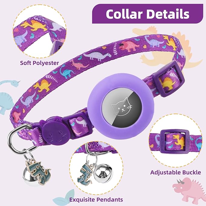 PUPTECK Airtag Cat Collar Breakaway 2 Pack with Bells, Reflective Kitten Collar with Air Tag Holder for Boy Girl Kitty and Puppies, Soft, Purple