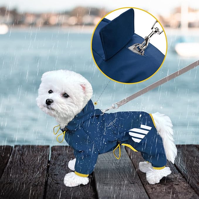 Dog Raincoat, Waterproof Dog Rain Jacket with Hood, Rain Coat with Leash Hole, Reflective Strap for Small Medium Dogs, Lightweight Puppy Clothes(Blue,XS)