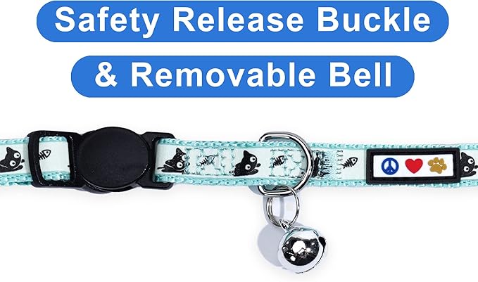 Pawtitas Glow in The Dark Cat Collar Kitten Collar with Safety Buckle and Removable Bell - Teal