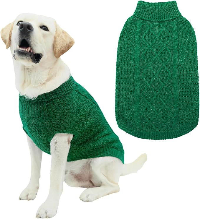 Mihachi Turtleneck Dog Sweater - Winter Coat Apparel Classic Cable Knit Clothes with Leash Hole for Cold Weather, Ideal Gift for Pet in New Year Green Medium