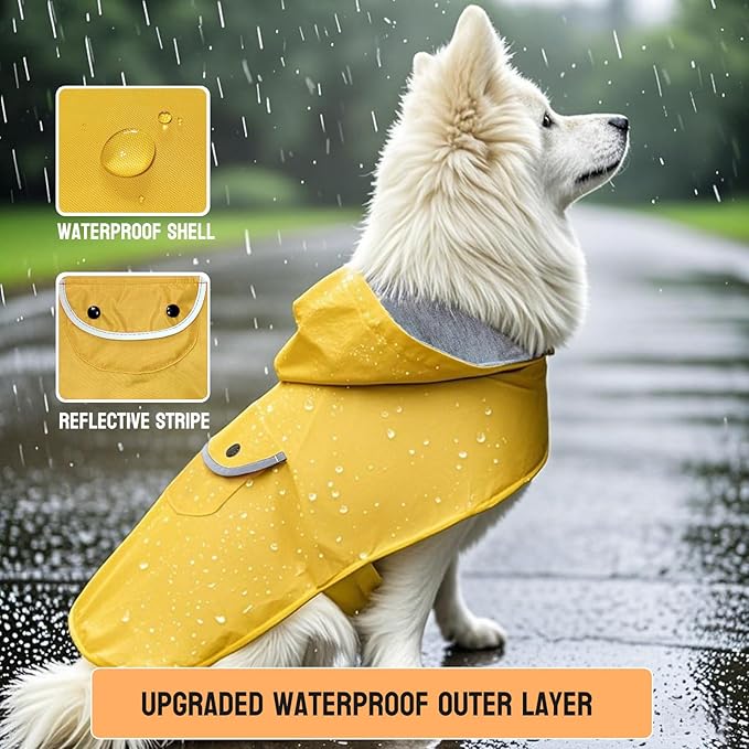 Dog Raincoat Dogs Rain Jacket Reflective Poncho Rainwear Waterproof Pet Clothes Warm Lined Pocket Hooded Leash Hole Adjustable Small Medium Dogs,Yellow,XXL,Back Length 16.0 Inch