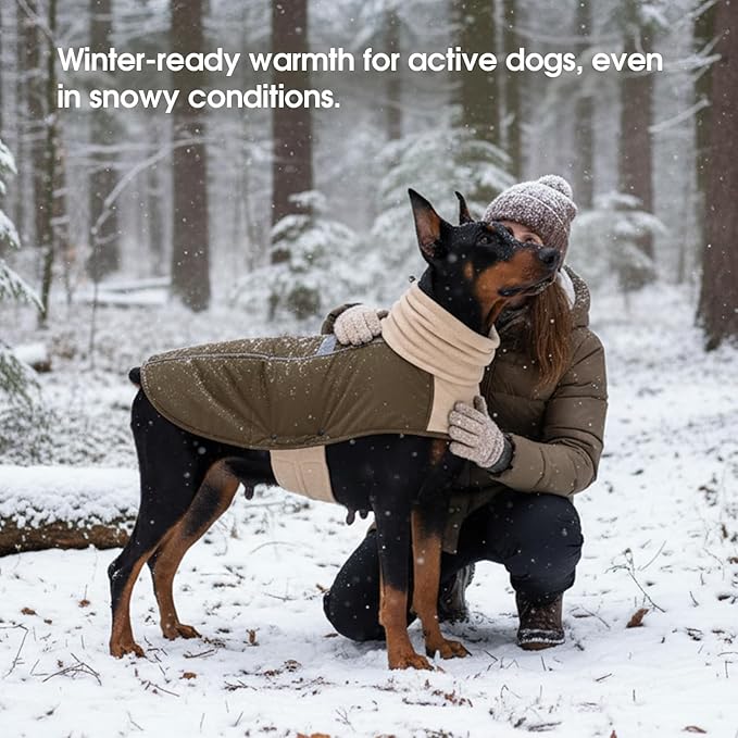 ASENKU Dog Coat, Dog Winter Jackets with Fleece Turtleneck, Windproof, Reflective Pet Snow Jacket for Cold Weather, Coats for Medium Dogs, Army Green, L