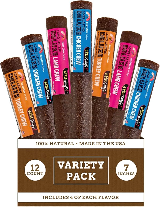 etta says! Deluxe Crunchy Dog Chews 7” Variety - All Natural, Long-Lasting Chews - Made in the USA (12 Count Pack of 1)
