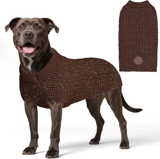 KYEESE Dog Sweater with Leash Hole Warm Pullover with Reflective Yarn for Small and Medium Dogs Male Soft Knit Pullover Boy Dog Coats Cozy Lightweight Thick Sweater,Khaki,Large