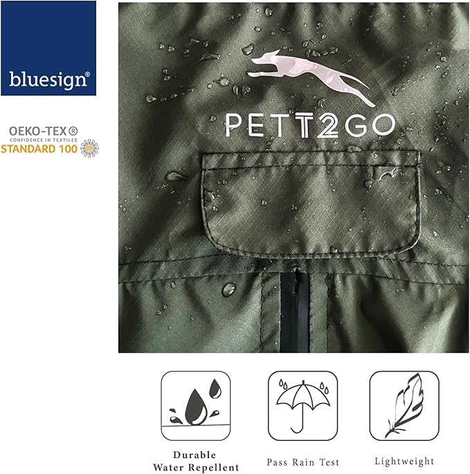 Dog Lightweight Windbreaker, Dog Outdoor 4-Legs Jacket, 0.5 lbs,Durable Water Repellent, Hooded, Easy on/Off with Collar and Harness, Reflective, Packable,Dark Olive - Small