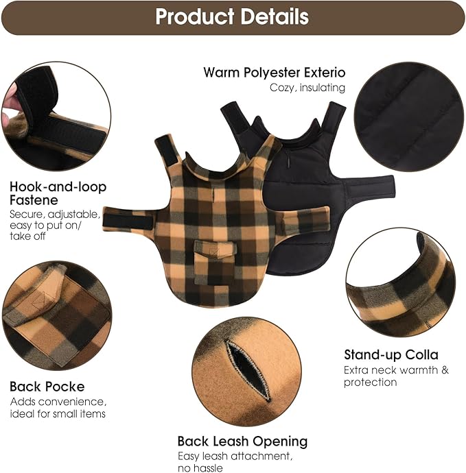 ASENKU Dog Winter Jacket Plaid Reversible Vest, Waterproof Dog Coat for Cold Weather, Perfect for Small to Large Dogs (Coffee, L)