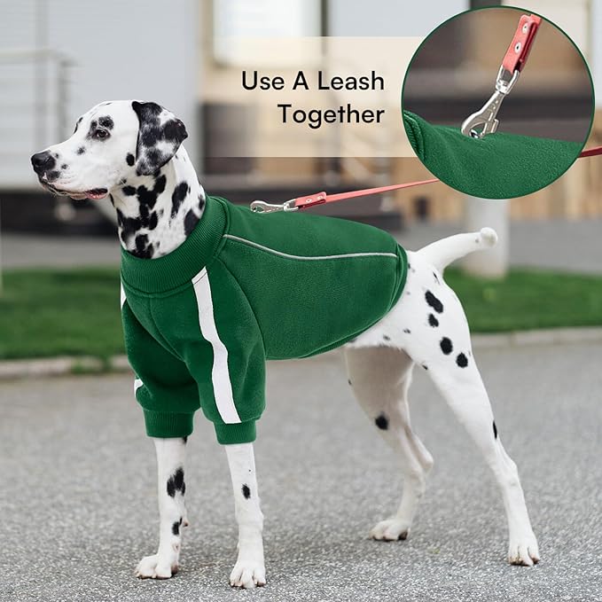 Queenmore Large Christmas Dog Sweater, Cozy Fleece Dog Sweatshirt, Warm Winter Fleece Jacket for Small, Medium & Large Dogs with Leash Hole/Reflective Stripes Green