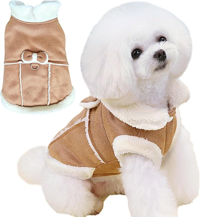 Jecikelon Bowtie Dog Cold Weather Coat Fleece Lining Warm Pet Puppy Turtleneck Dogs Winter Coats for Small Dogs Jacket with D-Ring Leash (Medium, Khaki)