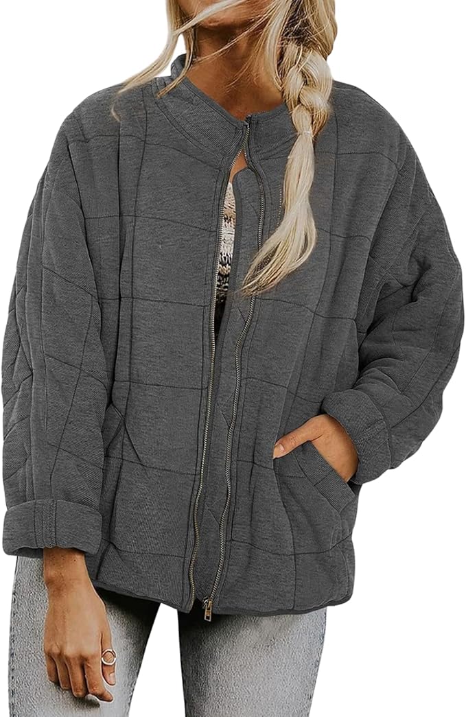 LIZALIG Warm Padded Coat for Women Full Zip Quilted Jackets Winter Oversized Causal Solid Color Stand Collar Pockets Coat