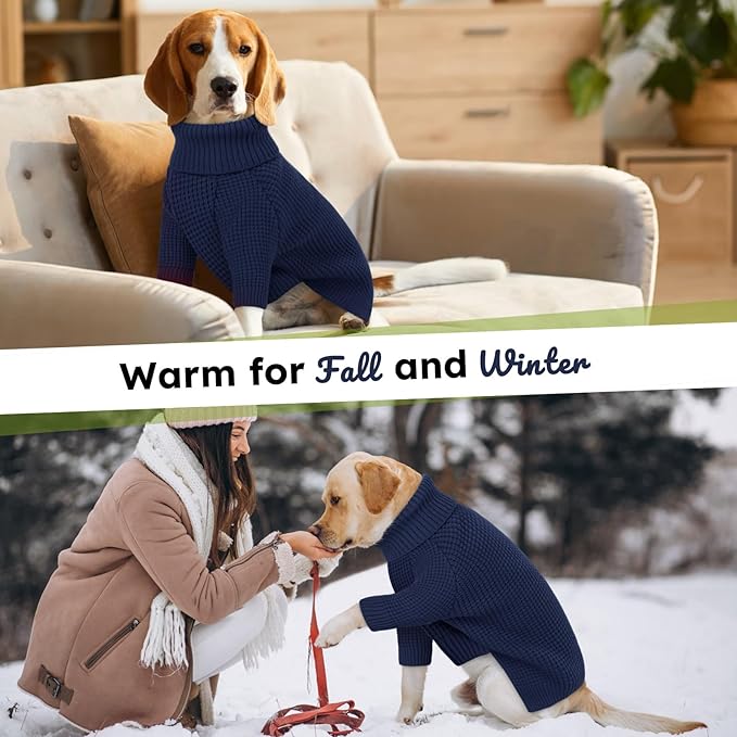 Queenmore Soft Warm Large Dog Sweater, Large Dog Sweaters, Doggie Christmas Sweater, Waffle Knit Extra Large Puppy Sweater, Pull-on Pet Turtleneck Sweater, Navy Blue 3XL