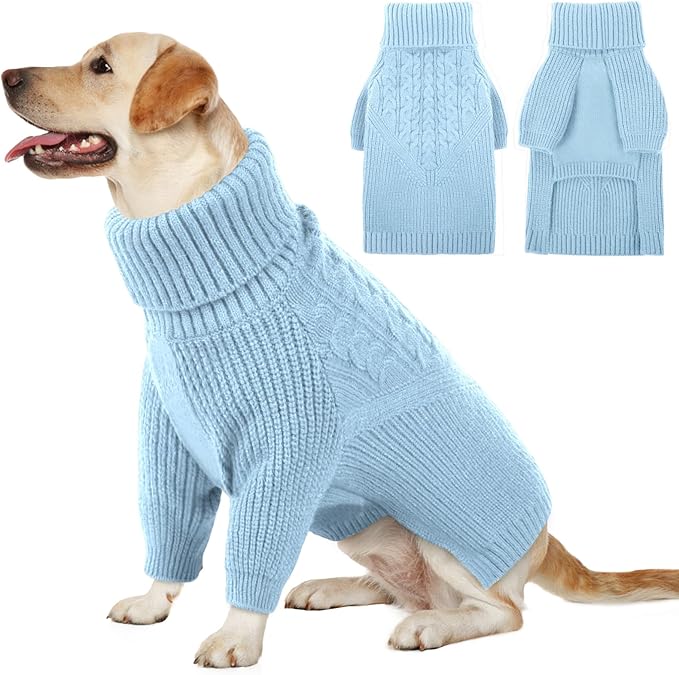 Queenmore Puppy Dog Sweeters - Long Sleeves Turtleneck Winter/Fall Sweater for Medium, Large Dogs; Solid Blue Knit; Christmas Theme; For Dog Girls & Boys