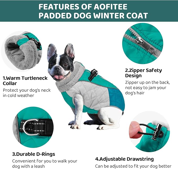 AOFITEE Dog Coat, Dog Winter Coat, Reflective Small Dogs Jacket with Harness Built in and Fleece Lined, Waterproof Pet Winter Jacket Warm Snowsuit for Small Medium Large Dogs, Green S