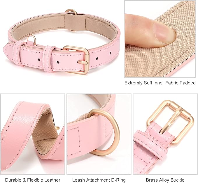 WHIPPY Airtag Leather Dog Collar GPS Tracker Air Tag Puppy Collar Adjustable Soft Leather Padded Dog Collar with Airtag Holder Case for Small Medium Large Dog Pet Backpack,Pink,L
