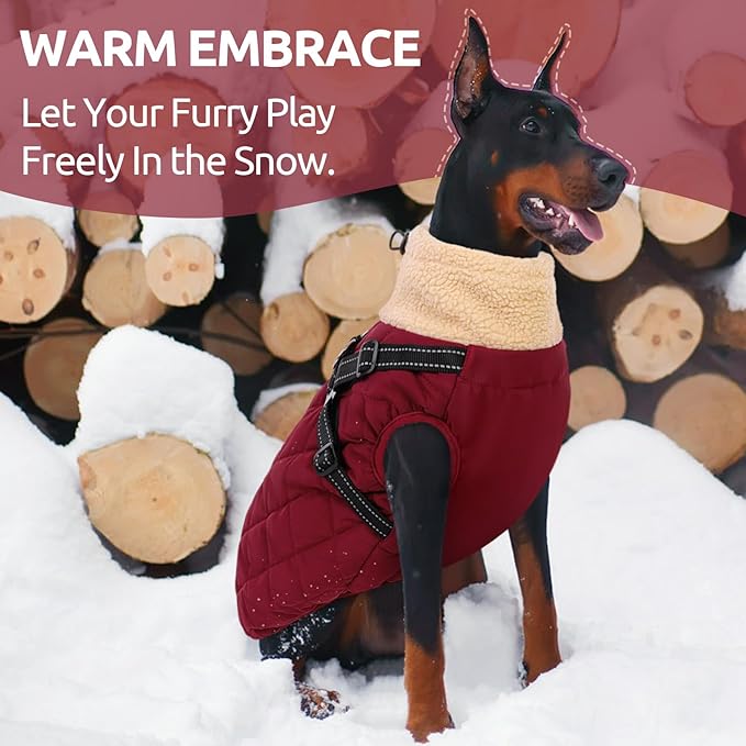 Queenmore Dog Winter Jacket, Dog Coats for Large Dogs, Warm Cozy Pet Jacket Winter with Harness Built in, Waterproof Pet Snow Jacket, Thick Fleece Lining Snowsuit for Large Dogs, Burgundy L