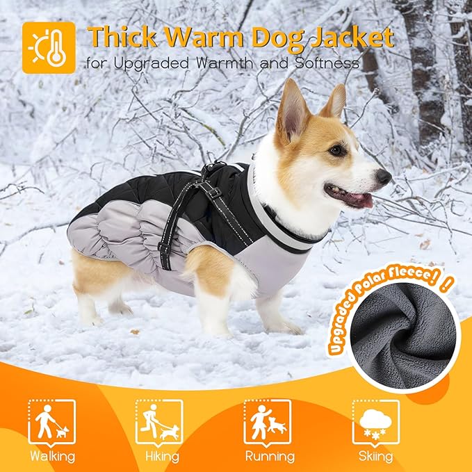 Dog Winter Coat with Harness, Dog Jacket, Pet Clothes with Zipper on Back, Waterproof Windproof Warm Vest, Reflective Cold Weather Coats, for Small Medium Large Dogs, Thick, Black, XL