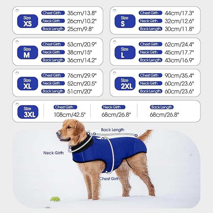 IDOMIK Dog Winter Coat, Warm Waterproof Dog Puffer Jacket with Harness Hole, Adjustable Reflective Snow Jacket Vest with Turtleneck, Pet Cold Weather Coats for Large Dogs,Blue,XL