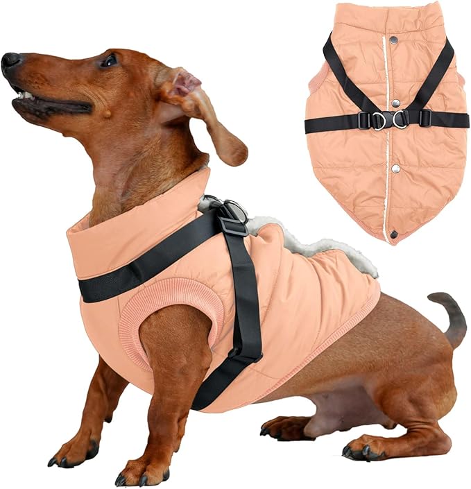 Dog Jacket with Harness,Fleece Lined Warm Puppy Coat for Winter,Soft Windproof Medium Dog Vest,LightOrange XL