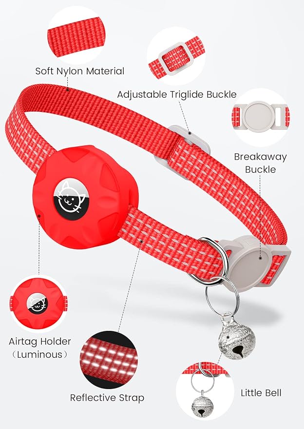 AirTag Cat Collar, Reflective Kitten Collar Breakaway Apple Air Tag GPS with Holder and Bell, Lightweight Tracker Collars for Girl Boy Cats, Kittens Puppies (Red)