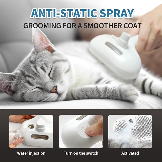 Pet Steam Brush for Dogs & Cats, 3 in 1 Self Cleaning Steam Pet Brush - Anti-Static, Grooming Tool for Long and Short Hair Pets, Removes Loose Hair and Reduces Shedding, White