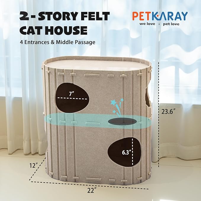 PETKARAY 2-Story Felt Cat House, Large Bed Cave for Indoor Cats, Felt Tunnel Hideaway Condo for Multi-Cat Households, 23.6x22x12 inches, Beige