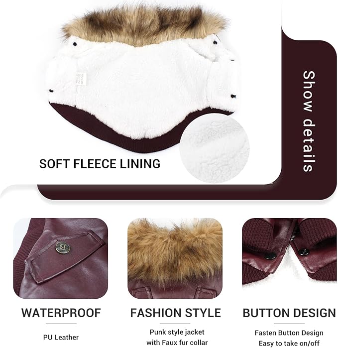 LESYPET Dog Leather Jacket for Small Dogs, Waterproof Dog Winter Jacket Puppy Coat with Fleece Lined, Ultra Warm Fur Collar Doggie Coat, Red X-Large