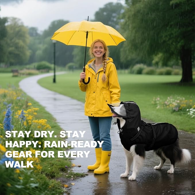 Dog Raincoats for Large Dogs with Hood, Waterproof Dog Rain Jacket with Adjustable Built-in Harness & Back Zipper, Reflective Strip, Removable Hood,for Rainy Walks, Muddy Roads - Black XXXL