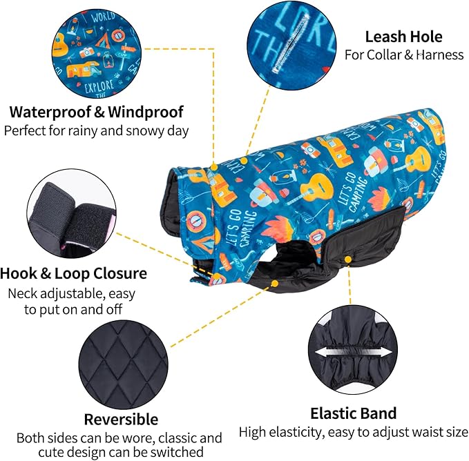 CuteBone Winter Dog Jacket - Reversible, Windproof & Waterproof, Thick Soft Coat with Leash Hole for Small, Medium & Large Dogs