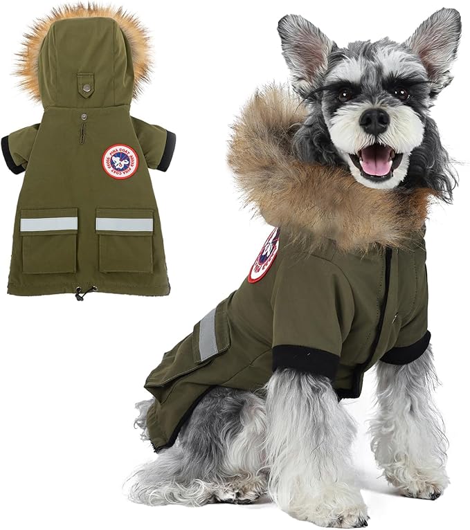 PINA Small Dog Coats - Waterproof Winter Jacket, Warm Cold Weather Coat with Faux Fur Hood and Reflective Pocket