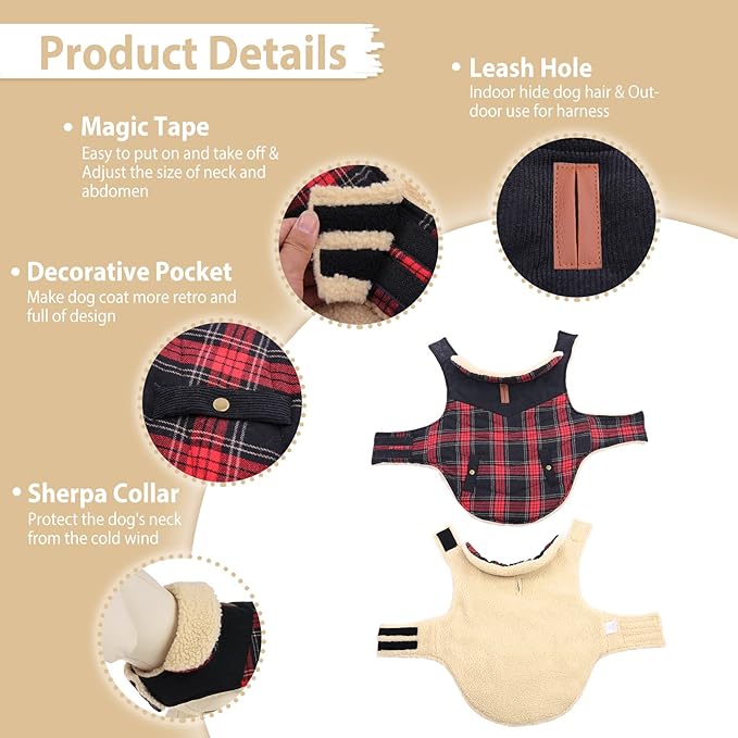 Winter Coat for Small and Medium Dogs, Puppy Plaid Jacket, Cotton Coat for Cold Weather, Windproof Warm Dog Garments, Pet Thickened Outfits Indoor Outdoor, Red XL