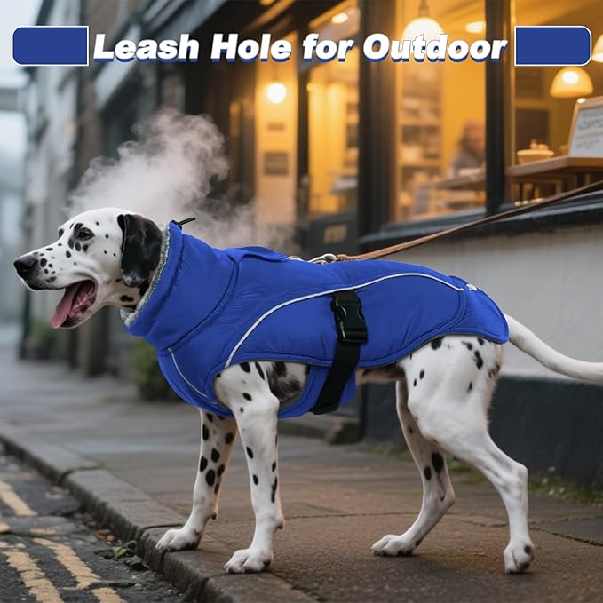 DENTRUN Large Dog Coat - Thick Fleece Lined Reflective Winter Jacket, Snap Closure & Leash Hole, Warm Thick Fleece Lined, Plush Turtleneck Vest for German Shepherd, Blue, XXL