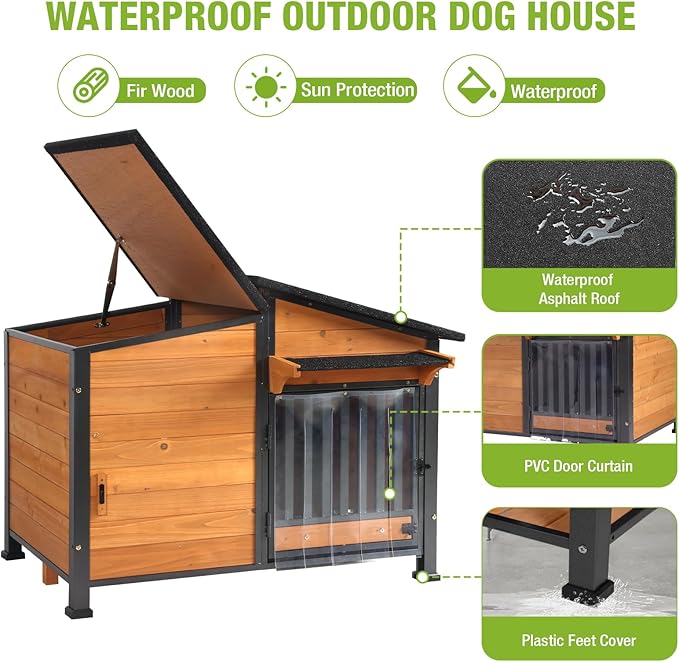 Heated Dog House Outdoor, Insulated Dog Kennel with Heating Pad for Winter, Weatherproof Dog Shelter with Anti-Chewing Metal Frame and Bowls for Small Medium Large Dogs (Brown)