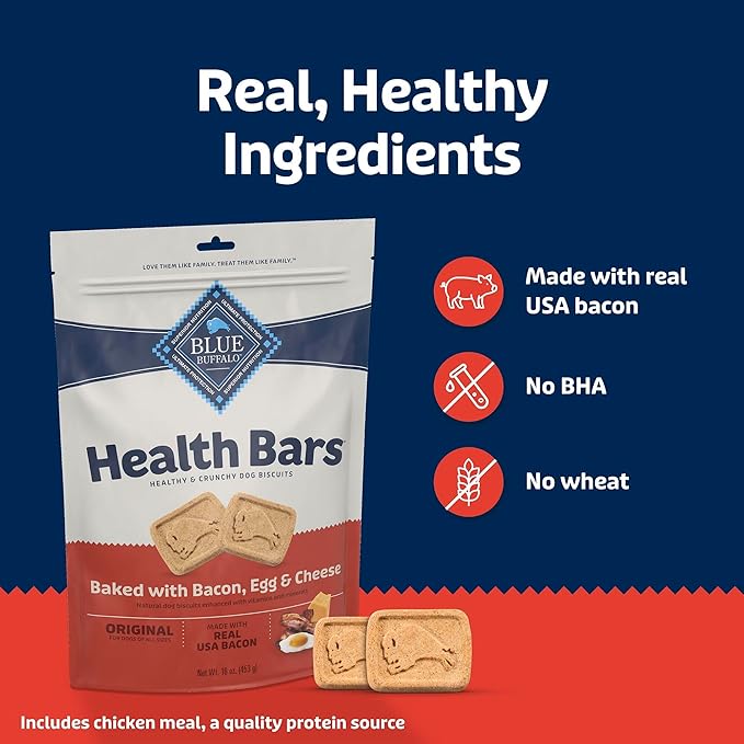 Blue Buffalo Health Bars Crunchy Dog Biscuits, Oven-Baked With Natural Ingredients, Bacon, Egg & Cheese , 16-oz Bag