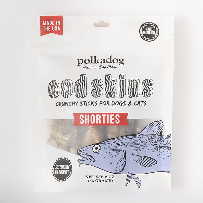 Polkadog Cod Skins for Dogs (2oz Shortie) - Single Ingredient, Wild-Caught Fish Skin Dog Treats for All Breeds – High in Lean Protein & Omega-3. Hypoallergenic, Grain Free. Handcrafted & Made in USA