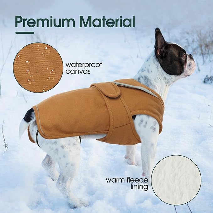 Kuoser Canvas Dog Coat, Warm Dog Jacket Reflective Fleece Pet Cold Weather Coat, Warm Doggie Clothes Waterproof Winter Vest with Zipper Leash Hole for Small Medium Large Dogs, Brown 2XL