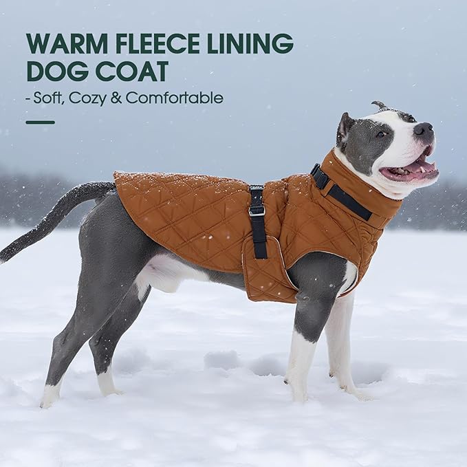 Kuoser Dog Coat Warm Fleece Lining Turtleneck Dog Jacket with Harness Built-in, Adjustable Windproof Cold Weather Coats with Quick Release Buckle Pet Winter Snowsuit for Large Dogs, Khaki XL
