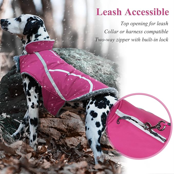 VIVAGLORY Frostfit Dog Coat, Dog Jacket for Winter & Cold Weather, Warm Fluffy Fleece Lined Water Resistant Reflective for Puppy, Coat with Velcro Fastening & Leash Hole, M, Fuchsia