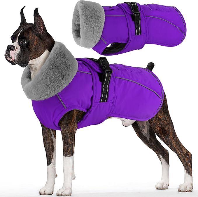 Dogcheer Dog Coat with Pocket, Waterproof Dog Jacket with Adjustable Buckle, Reflective Puppy Winter Coat Warm Turtleneck Fleece SnowJacket for Small Medium Large Dogs - Purple S