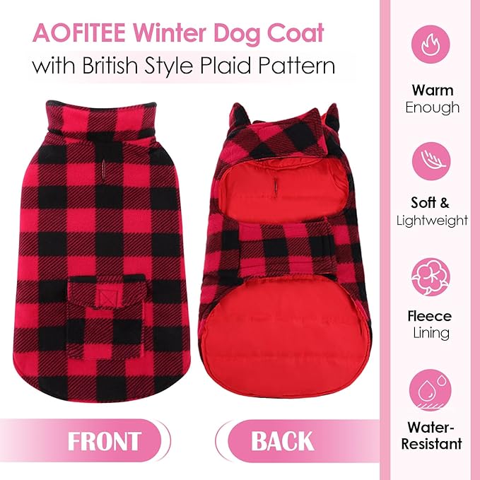AOFITEE Dog Coat Plaid Dog Winter Coat for Large Dogs, Warm Dogs Jacket Christmas Sweater, Waterproof Pet Puffer Jacket, Reversible Pet Cold Weather Coats for Small Medium Large Pets, Red XL