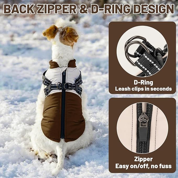 Dog Winter Coat for Small & Medium Dogs (Up to 31lb), Waterproof Dog Coat with Harness, Puppies Windproof Puppy Puffer Jacket, Snowsuit for Dachshund,Frenchie, Corgi (Classic Brown, XLarge)