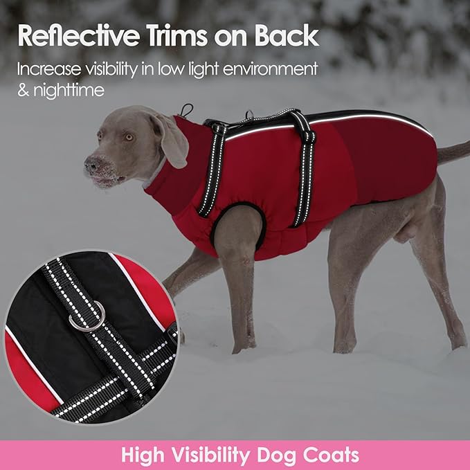 AOFITEE Dog Coats for Large Dogs, Waterproof Dog Winter Jacket with Harness Built in, Warm Large Dogs Coat with Fleece Lined, Zip Up Pets Jackets for Golden Retriever, Weimaraner, Red 2XL
