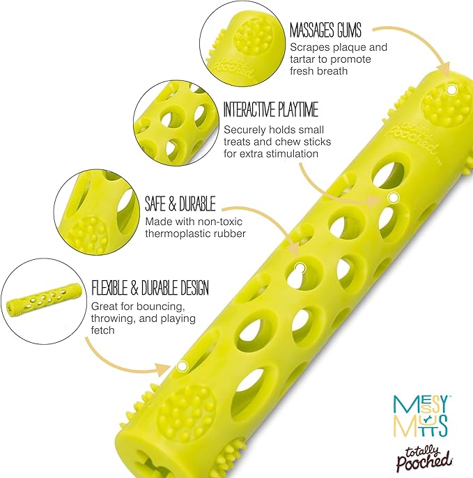 Messy Mutts Totally Pooched Huff'n Puff Stick | 10” x 2” TPR Puzzle Stick for Dogs | 2-in-1 Durable Interactive Toy and Tooth Cleaner | Green