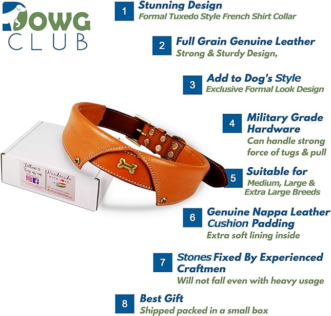 | Formal Tuxedo Shirt Collar Style Genuine Leather Collar for Dogs & Cats | Party Apparel | Comfortable, Strong, Cushion Napa Padding (M (Fit Neck Size 14.5"-18.5"), Shirt Collar - Tan)
