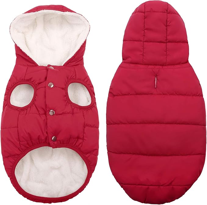 Fleece Hoodie, Windproof Waterproof Dog Coat, Winter Warm Jacket, Cold Weather Pet Apparel Clothes Vest for Small Medium Large Dogs (S, Red)