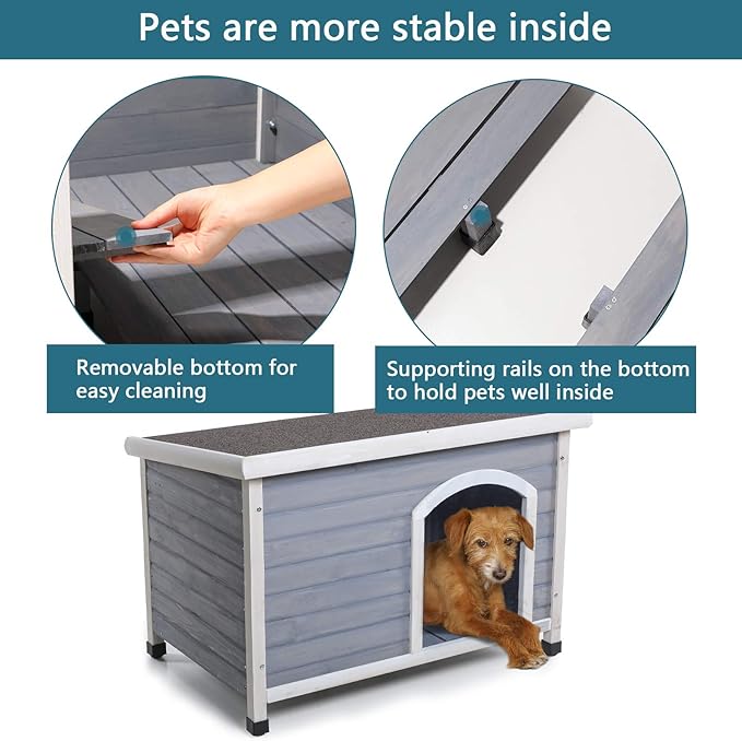 Petsfit Large Dog House, Wooden Outdoor Dog Kennel w/Hinged Roof, Weatherproof Dog Houses for Small Dogs Outside w/Adjustable Foot Pads, 33.7" L X 22.6" W X 23" H, Grey
