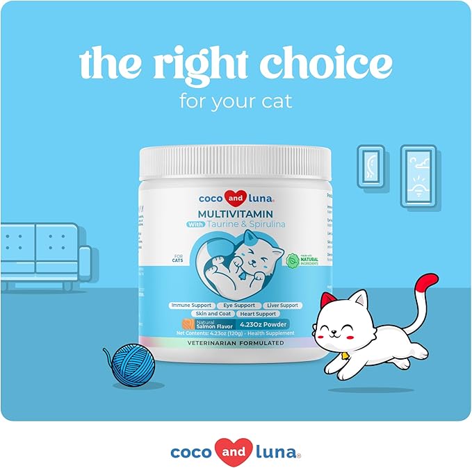 Multivitamin for Cats - 4oz Powder - L-Lysine, Taurine, and Spirulina for Immune Support and Eye Health - Fish Oil & Vitamins for Skin and Heart Health. (for Cats)