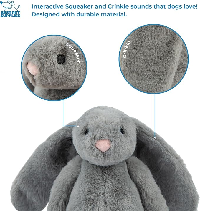 Best Pet Supplies Interactive Squeaky Dog Chew Toy, Ideal Dog Toys for Chewers, Small, Medium & Large Dogs, and Fetch Lovers - Bunny (Gray), Large