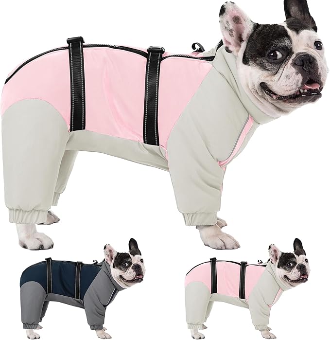 KOESON Four Legged Winter Coat, Warm Small Dog Jacket with Adjustable Buckles, Turtleneck Windproof Fleece Jackets, Reflective Fullbody Snowsuit Puffer Pink Grey S