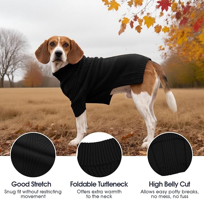 IECOii Dog Sweaters for Medium Dogs Girl Boy,Holiday Knit Doggy Sweatshirt with Sleeve,Turtleneck Thick Warm Dog Sweaters for Winter,Pullover Knitwear for French Bulldog,Boston Terrier (Black, L)