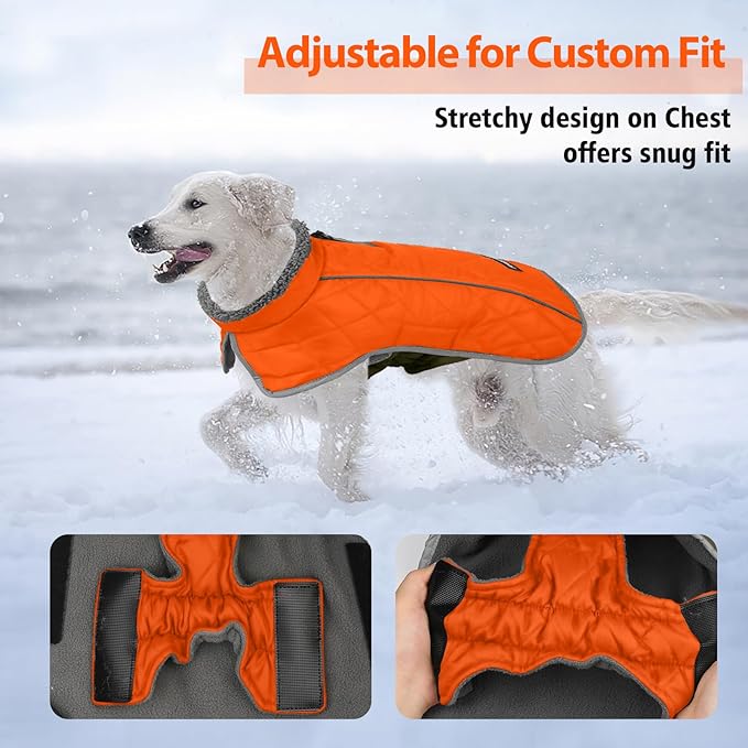 Fragralley Dog Coat Large, Waterproof Dog Jacket with Warm Fleece Lining, Adjustable Reflective Dogs Winter Coat, Turtleneck Pet Coats for Cold Weather (Orange XXL)